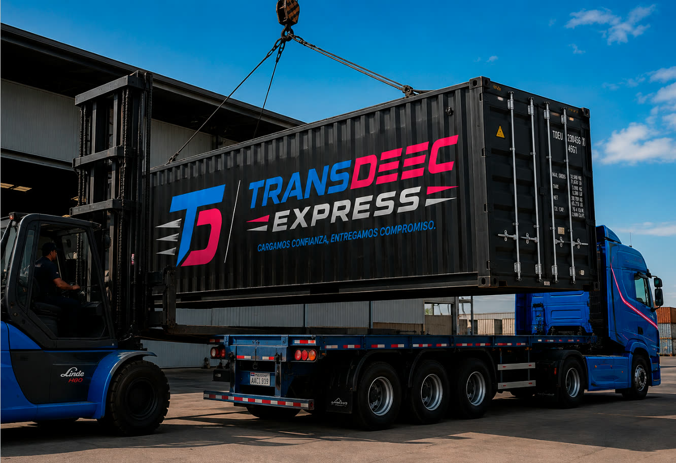 Camión Trans Deec Express transportando contenedor